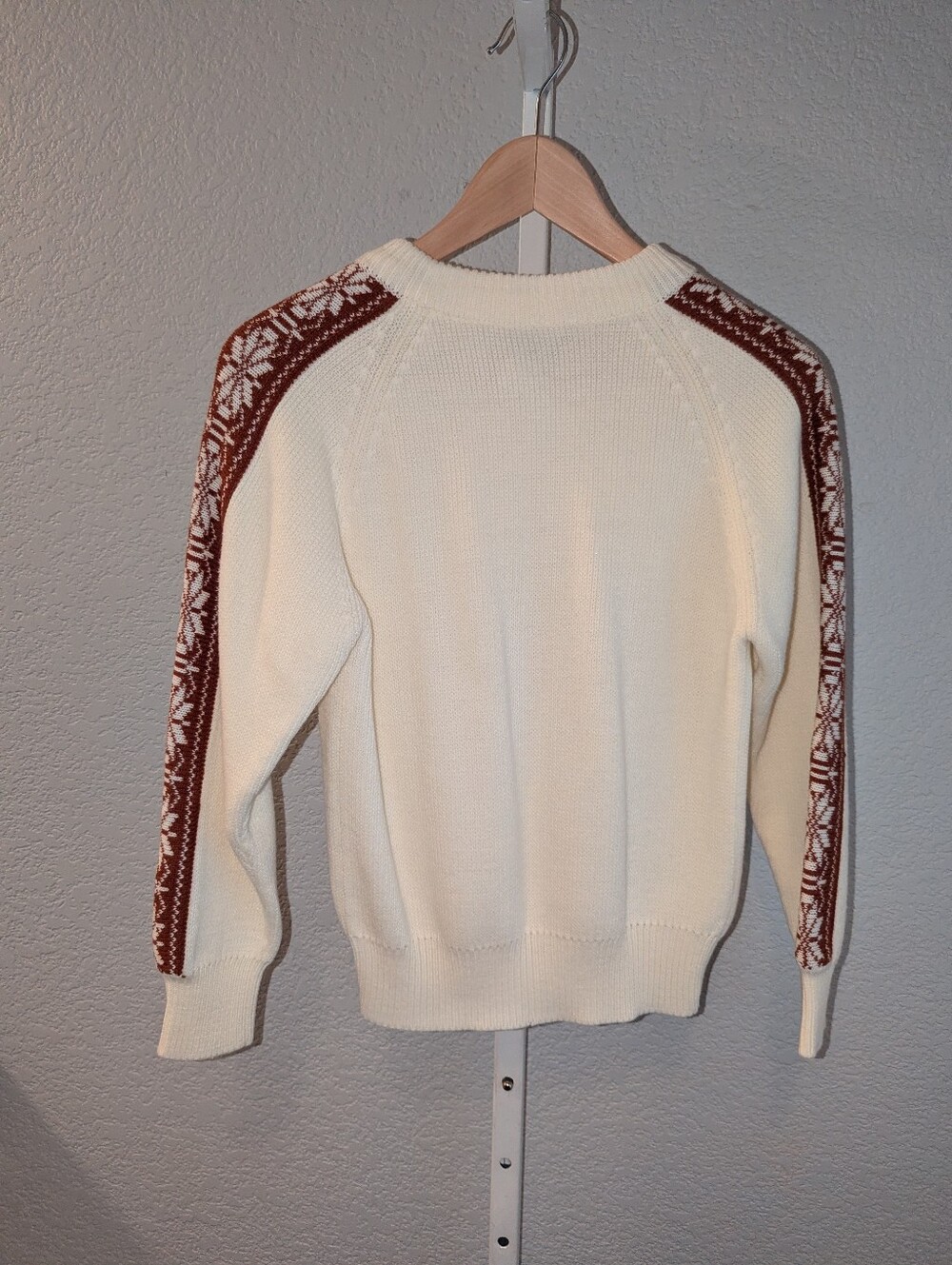 Vintage Antler Nordic Snowflake Ski Knit Sweater - Ivory/Brown - Size S